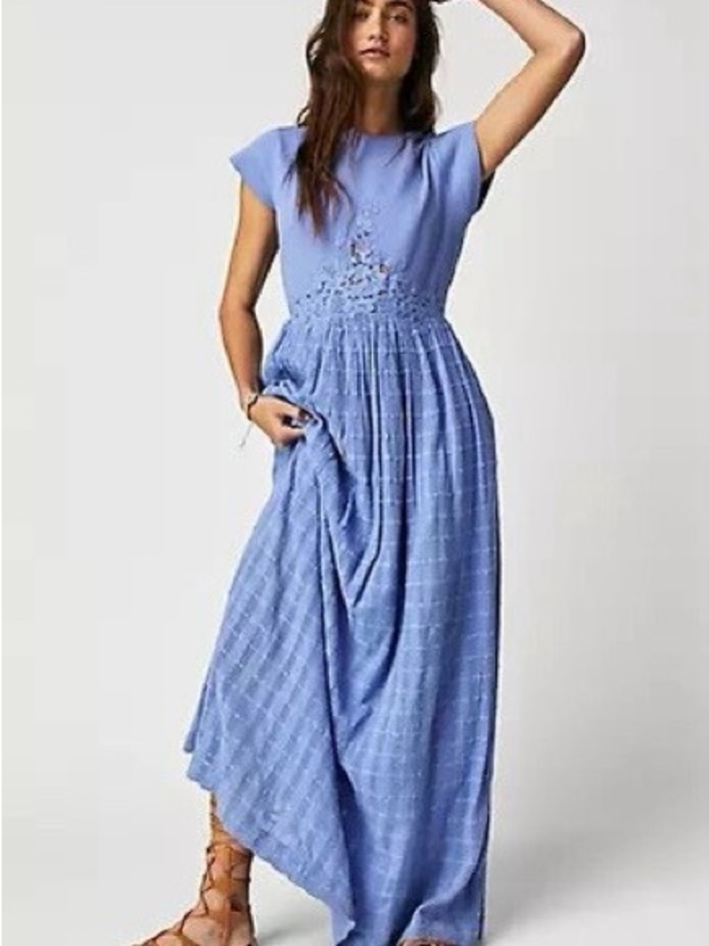 Free People|NEW Periwinkle Blue Lace Detail Open Back Cotton Maxi Dress Sz M NWT